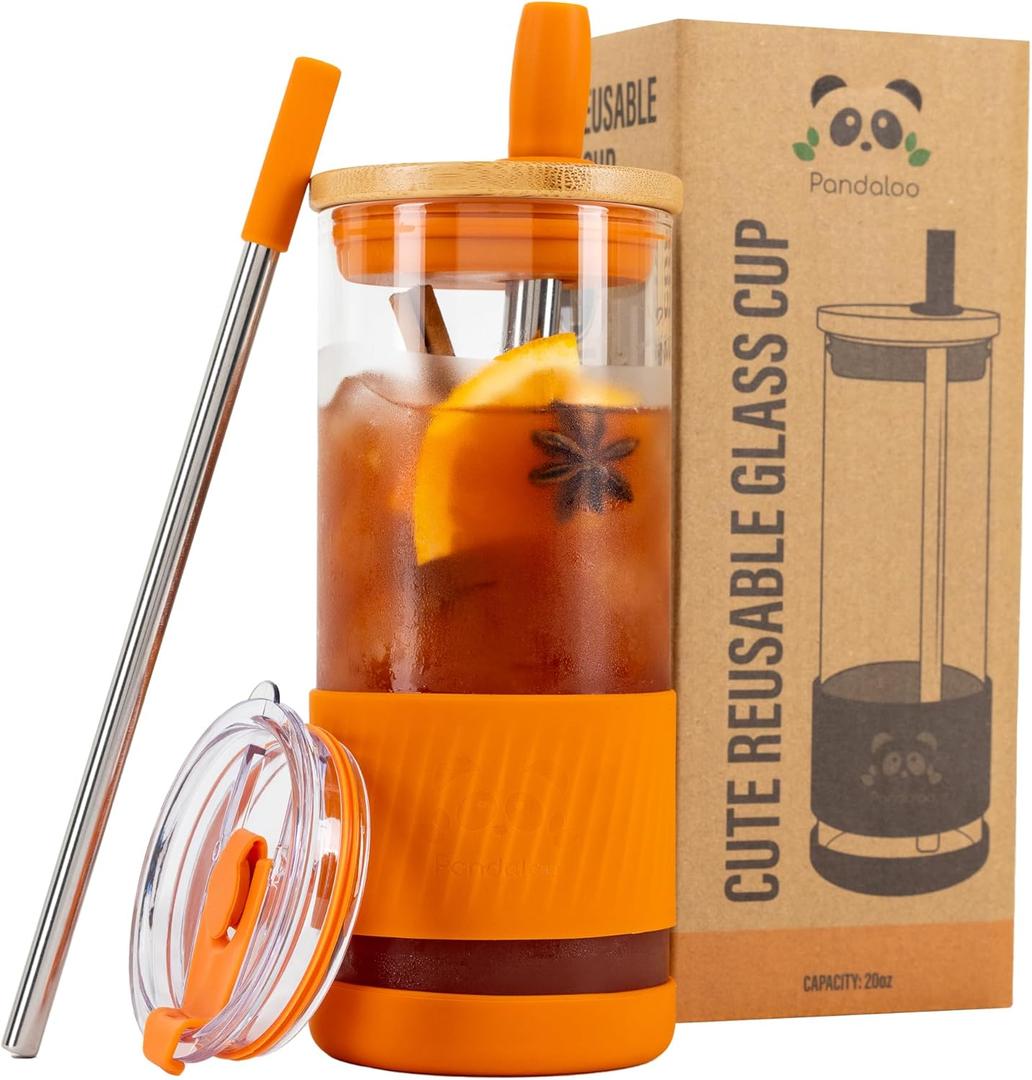 Pandaloo Glass Cups With Lids and Straws -20 Fl Oz- Perfect Size Iced Coffee Cup - Smoothie Cup With Bamboo Lid and On the go Lid - Glass Tumbler With Straw (1 Count (Pack of 1), Autumn Gold)
