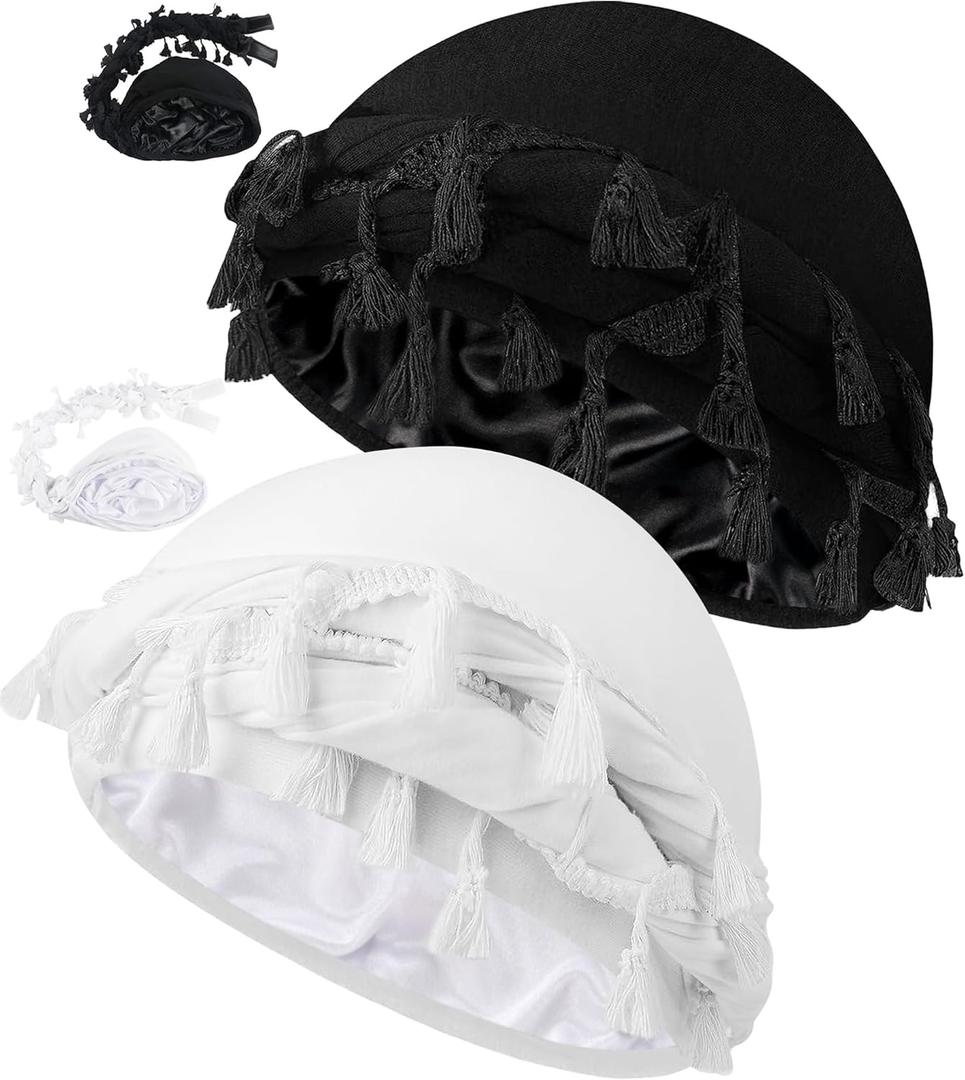 Ababalaya Adjustable Satin Lined Halo Turban for Men Women Twisted Tassel Head Wraps Sleep Cap Beanies Turban Durag (Blackwhite)