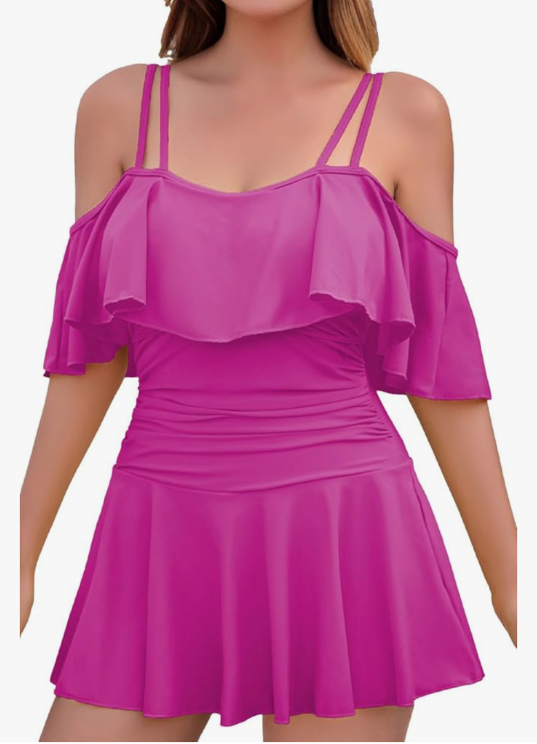 COCOPEAR Women's One Piece Flounce Swimsuit Off Shoulder Bathing Suit Tummy Control Swimdress Pink, 3XL