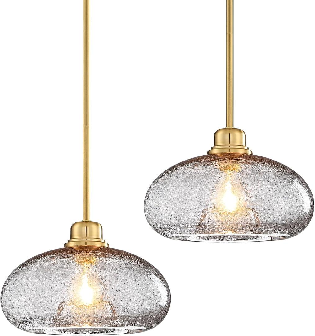 2 Pack 11" Large Pendant Lights Kitchen Island, Modern Gold Hanging Light with Grey Seed Glass Shade,Small Chandelier Lighting for Dining Room,Entryway,DD029-1-H2 (Gray)