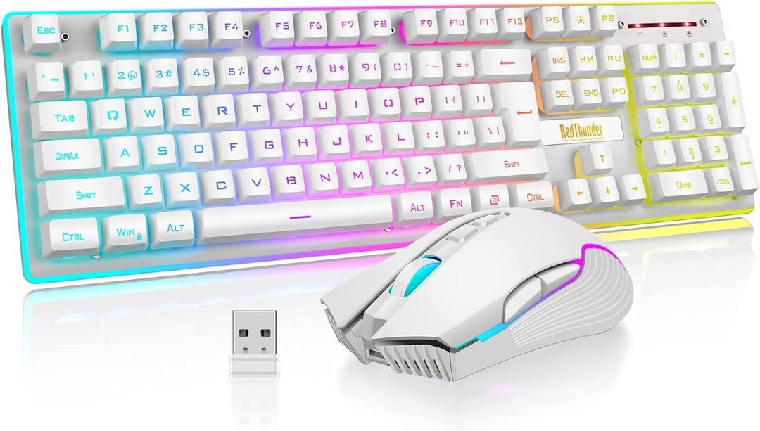 RedThunder K10 Wireless Gaming Keyboard and Mouse Combo, LED Backlit Rechargeable 3800mAh Battery, Mechanical Feel Anti-ghosting Keyboard + 7D 3200DPI Mice for PC Gamer (White) (White)