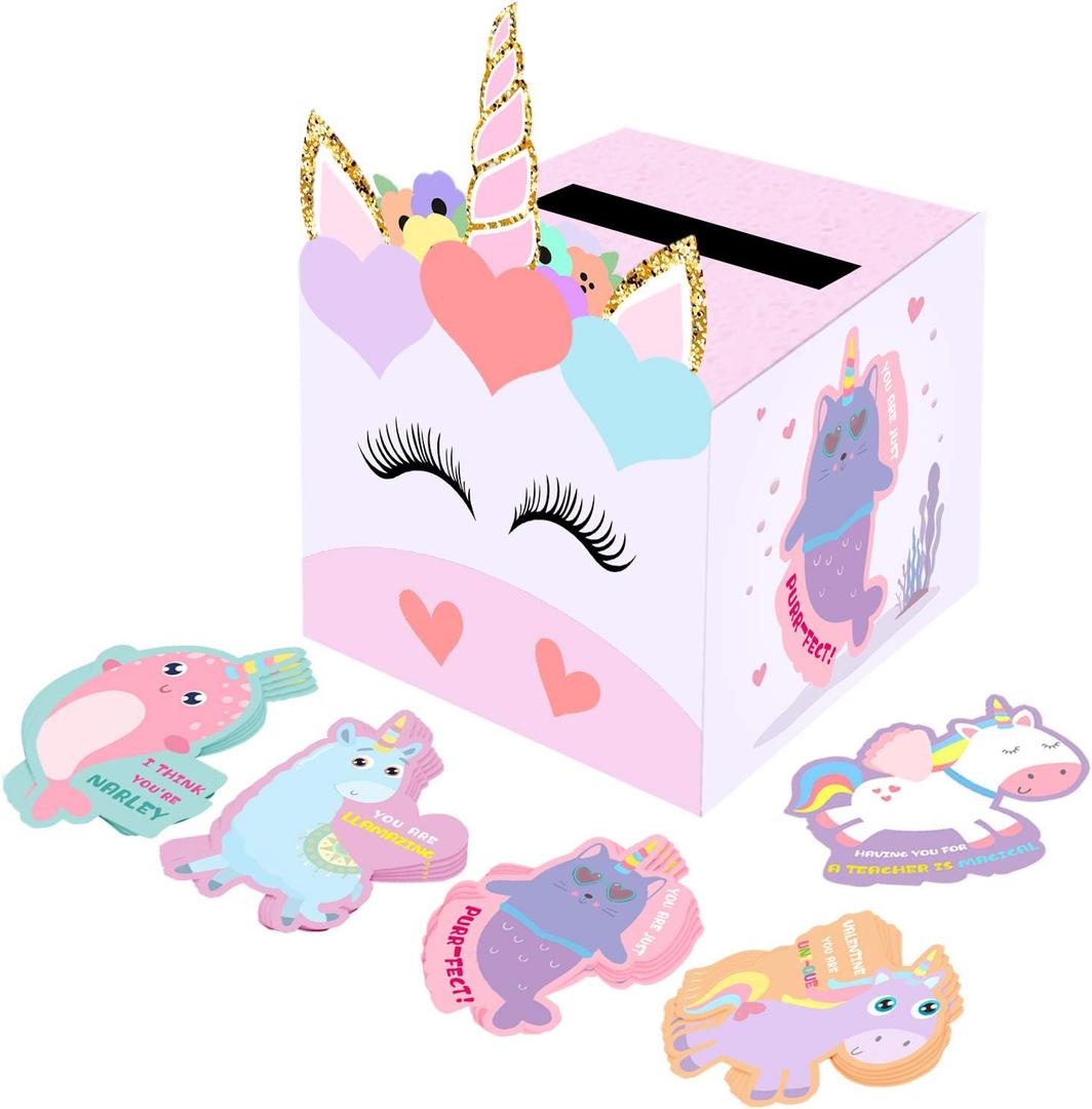 Valentines Day Gifts for Kids - Valentines Day Cards for Kids School - Unicorn Valentine Boxes with 33 Cards for Boys Girls Classroom Exchange Class Gifts Party Favors(32 Valentine's Card/4 Teacher Card)