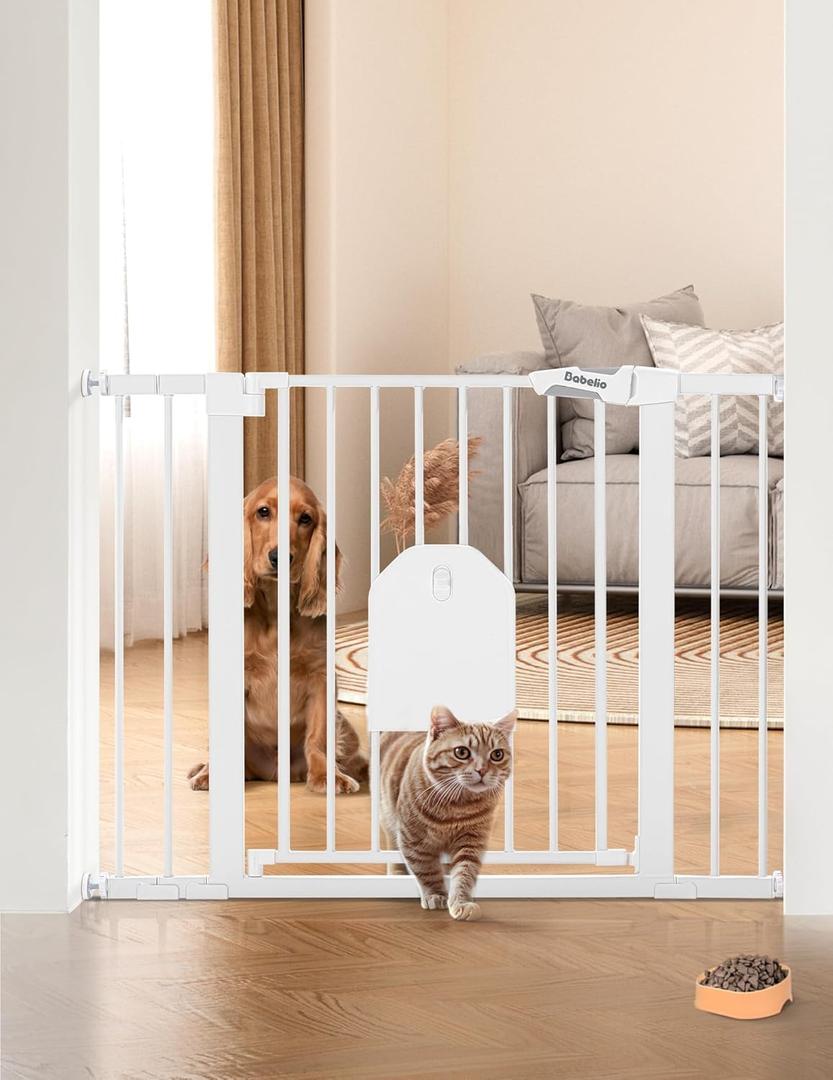 Babelio Auto Close Baby Gate with Cat Door,29-43" Metal Gate for Doorway, Stairs, House, Easy Walk Thru with Pet Door, Includes 4 Wall Cups and 3 Extension Pieces, White