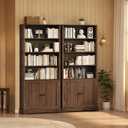 TVU Bookshelf and Bookcase with Doors, 5 Open Shelves & 2 Door Storage Cabinet, 77.2" Tall Freestanding Book Shelf for Living Room, Home Office, Bedroom, Walnut, 6 Tier