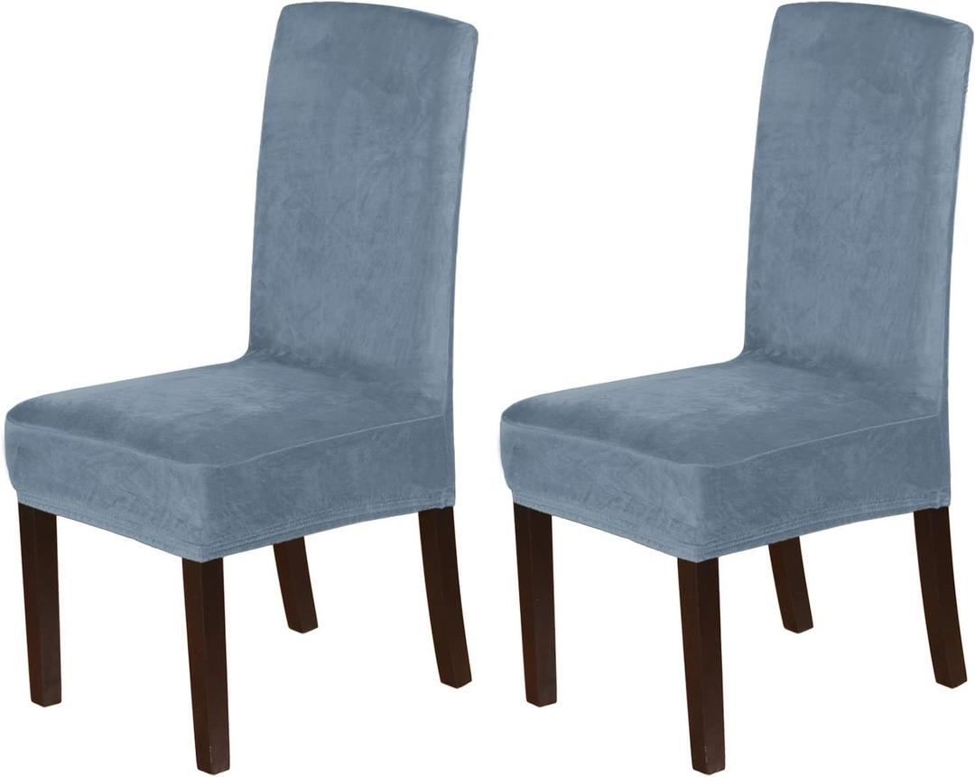 H.VERSAILTEX Velvet Dining Chair Covers Stretch Chair Covers for Dining Room Set of 2 Parson Chair Slipcovers Chair Protectors Covers Dining, Soft Thick Solid Velvet Fabric Washable, Stone Blue