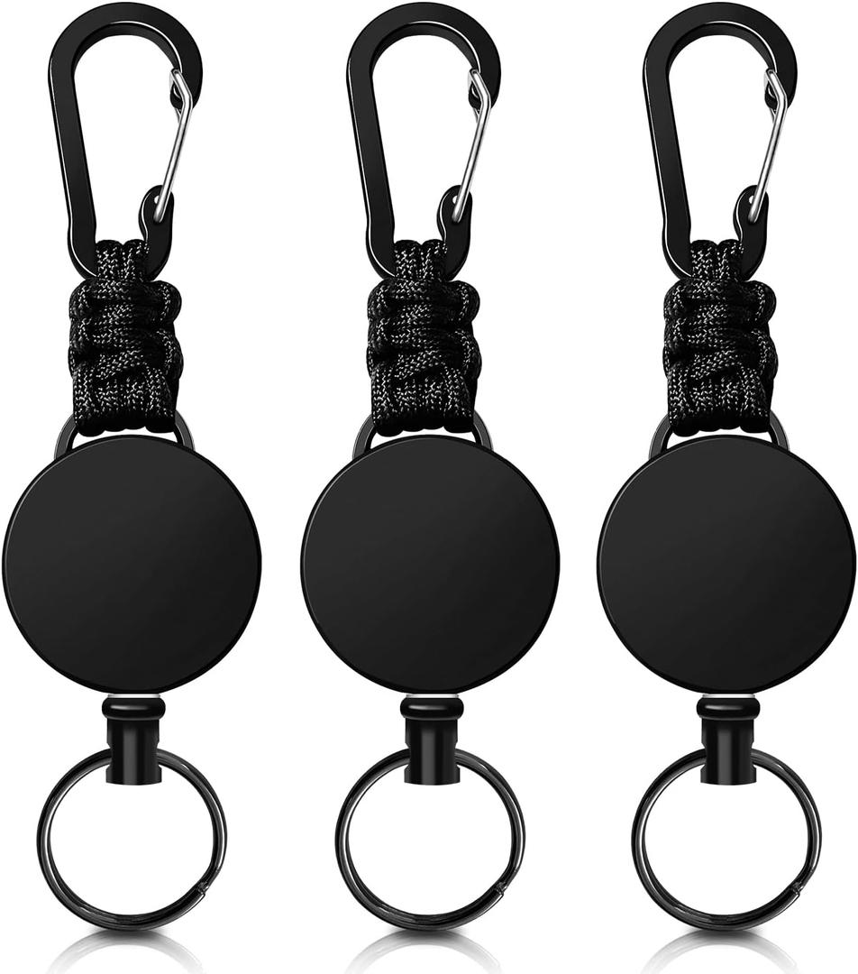 Retractable Keychain 3 Pack Heavy Duty Carabiner Badge Holder Extendable Badge Reel ID Holder Key Ring with 60 cm Steel Retractable Cord and Paracord (Black)