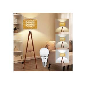 Vinaco Boho Tripod Floor Lamp with Shelf, Double Lampshades Mid-Century Standing Lamps, 3 Color Temperatures Wicker Floor Lamp, Foot Switch Rattan Tall Lamps for Bedroom, Living Room, Office