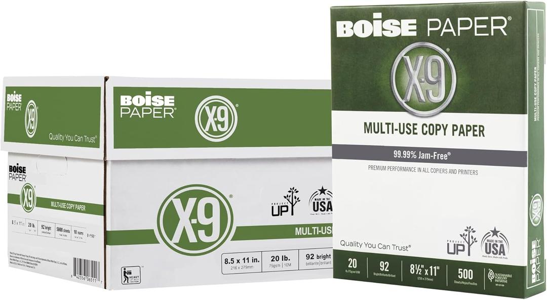 Boise X-9 Multi-Use Print & Copy Paper, Letter Size (8 1/2" x 11"), 92 (U.S.) Brightness, 20 Lb, White, 500 Sheets Per Ream, Case Of 10 Reams