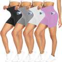 FULLSOFT 4 Pack Biker Shorts for Women with Pockets  5" High Waisted Tummy Control Workout Yoga Running Gym Tennis Shorts (Small-Medium, 4 Pack Black/ Light Grey/ White/ Light Purple)