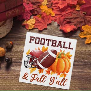Fall Home Decor, Football Fall Wooden Sign Decor Desk Sign Pumpkin Wooden Block Sign Rustic Home Shelf Wall Decoration Pack of 2