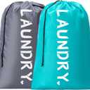 2 Pack XL Travel Laundry Bag, Machine Washable Dirty Clothes Organizer with Drawstring,Large Enough to Hold 4 Loads of Laundry, Easy Fit a Laundry Hamper or Basket Travel Essentials 24" x 36" (Blue+Grey)