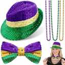 Geyoga 5 Pcs Mardi Gras Costume Accessories Set Mardi Gras Purple Green Gold Beads Necklaces Sequin Bow Tie Sequin Fedora Hat for Women Men Carnival Costume Masquerade Parade Party Decoration Supplies