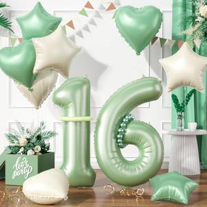 Sage Green Number 16 Balloons, Green 16 Number Balloons, 16th Number Balloons, Olive Green Cream Wihle Foil Star Heart Balloon With Long Balloon For 16th Birthday Party 1st 6th Baby Shower Decor (XXL-Number 16)