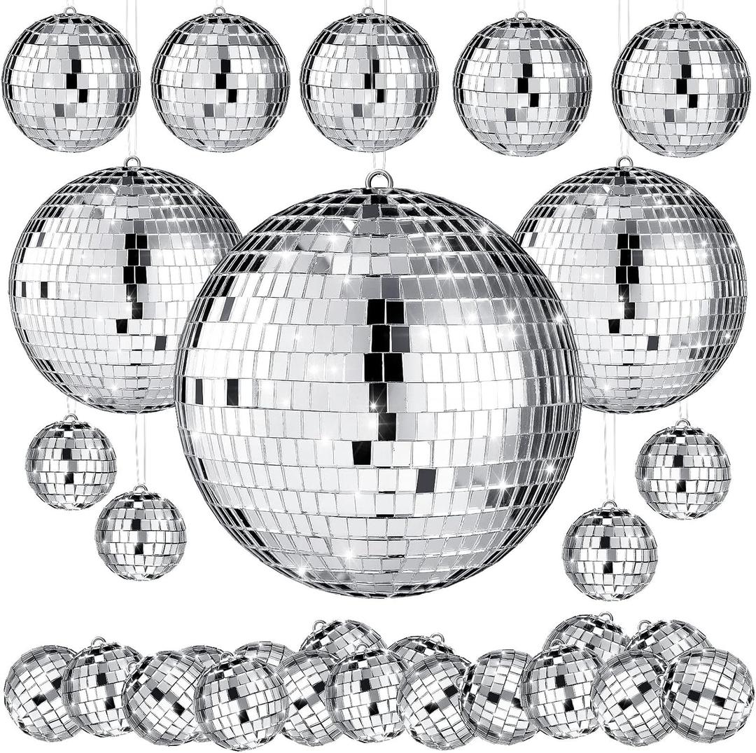 MTLEE 20 Pcs Disco Balls Decoration Mirror Disco Ball Assorted Silver Mini Glass Different Sizes Reflective with Rope for 70s Wedding Dance Music(4, 3. 2, 2 Inch)