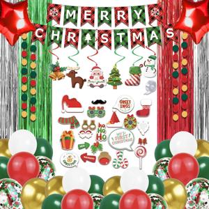 131 Pcs Christmas Decorations Indoor, Christmas Party Supplies - "MERRY CHRISTMAS" Banner, Photo Prop, Balloon Party Kit, Hanging Swirl, Fringe Curtain