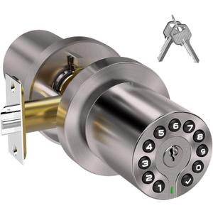 Keypad Door Knob With Key,Keyless Entry Door Lock, Code Locks Door Knob, Auto Lock,50 User Code,Easy to Install,for Home,Office,Hotel,Bedroom,Garage,No Deadbolt (Satin Nickel)