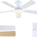 Mpayel Ceiling Fans with Lights and Remote, 46 Inch Flush Mount Low Profile Ceiling Fan with Light, White Ceiling Fan for Bedroom Living Room, Quiet DC Motor, Reversible, Dimmable LED, White