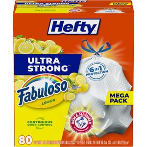 Hefty Ultra Strong 13 Gallon Trash Bags, Tall Kitchen Trash Bags 13 Gallon Size, Resist Leaks, Punctures, and Rips, Continuous Odor Control, White, Fabuloso Lemon Scent, 80 Bags