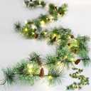 Christmas Garland with LED Fairy Lights 13FT Battery Operated Smokey Pine Garlands with 8 Flash Modes and Timer Pine Cones Artificial Greenery Garland Rustic Garlands for Xmas Holiday Home