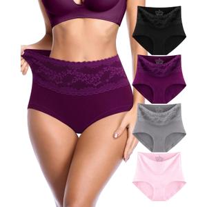 OLIKEME Cotton Underwear for Womens High Waisted Lace Brief Soft Tagless Postpartum C Section Panties 4 Pack, Medium