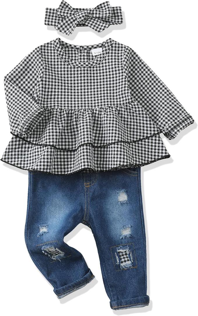 Renotemy Baby Girl Clothes Toddler Girl Clothes Outfits Infant Clothing Jeans Pants Set Cute Clothes Set for Girls (2-3T, Black White Plaid)