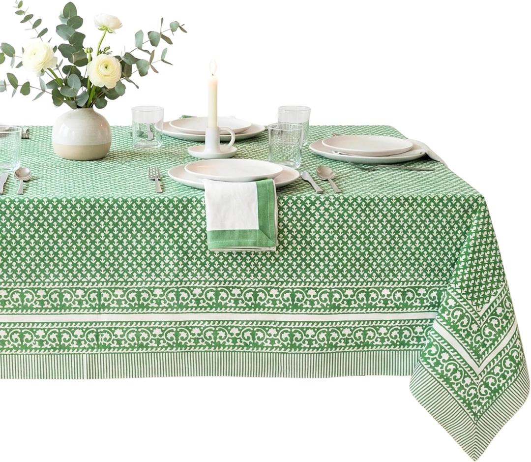 ATOSII Queen Green 100% Cotton Tablecloth, Handblock Print Rectangle Table Cover for Kitchen Dining I Tabletop Linen I Parties, Thanksgiving, Christmas, Wedding, Fall Table Cloth 60 X 108 Inches