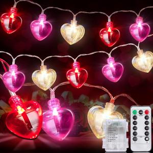 2 Pack Valentines Day Decorations Total 16.4FT 40 LED Red Pink White Heart String Lights Timer 8 Modes Remote Control, Valentine's Day Lights Battery Operated Valentines Decor for Home Indoor Wedding