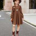 Arshiner Girls Knit Dresses Puff Long Sleeve Fall Winter Casual Holiday Sweater Dress with Pockets (Brown, S)
