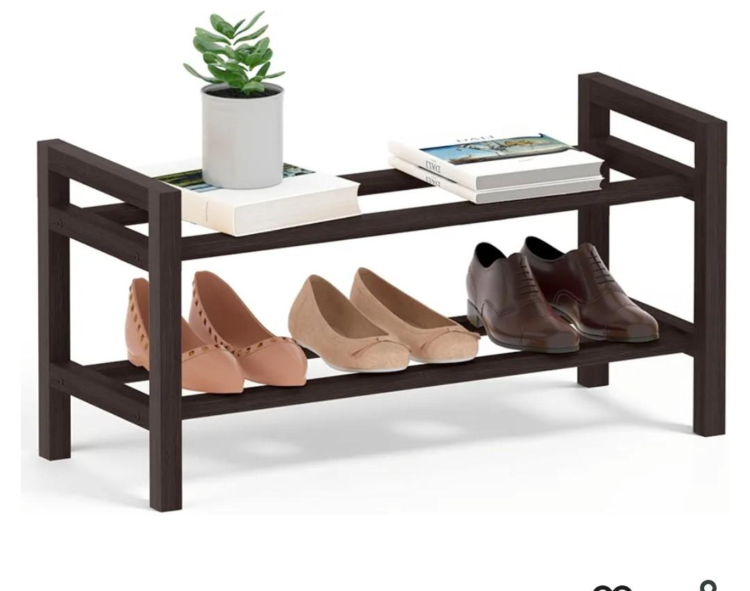 Haddockway Bamboo Shoe Rack for Closet, Free Standing Shoe Organizer with Smooth Round Rods & Convenient Handles, Stackable Shoe Storage Shelf for Entryway, Hallway(Brown, 2-Tier(Small))