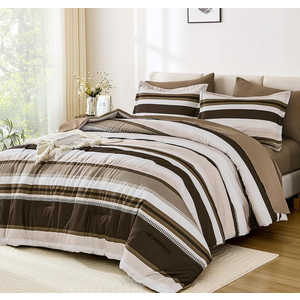 WONGS BEDDING Comforter Queen Size, Brown 7 Pieces Comforter for Queen Bed Striped Bed in a Bag Soft Bedding Comforter Set for All Season(90"×90")