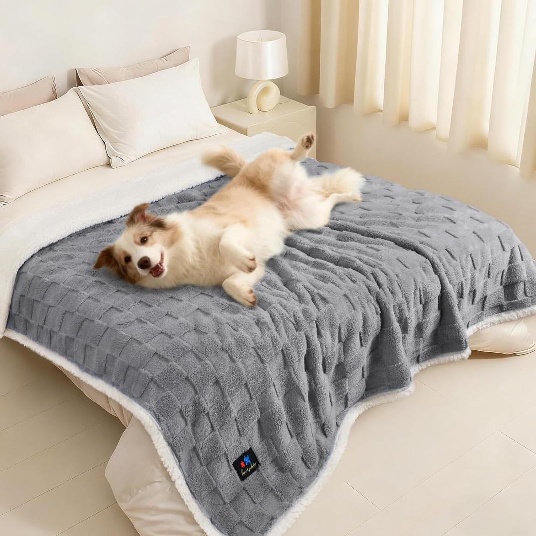 Luciphia Waterproof Dog Blanket, Leakproof Large Pet Blanket for Couch Sofa Bed Furniture Cover Protector, Washable Soft Sherpa Fleece with 3D Jacquard, Cozy Calming Reversible, Gray White, 85"x57"