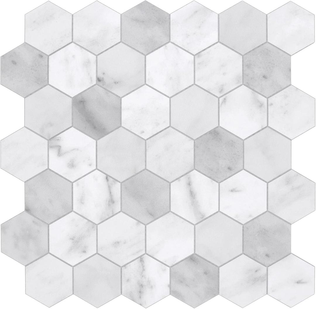 The Tiles Plaza 10-Sheet Peel and Stick Backsplash, Carrara White Hexagon Stone Composite Marble Looks Self Adhesive Wall Tile, Stick On Tiles for Kitchen Bathroom Shower, Cover 9 Sq Ft., 11.3" X 11.4"