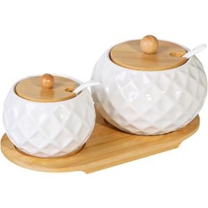 Ceramic Sugar Bowl with Lid and Spoon,White Sugar Bowls with Bamboo Tray,2pcs Kitchen Countertop Spice Container Set,Condiment Storage Jars for Coffee,Spice,Salt,17 oz and 8 oz