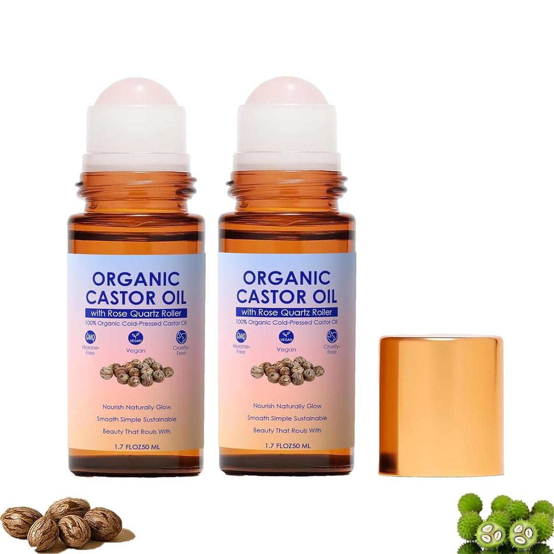 Organic Golden Castor Oil Roll-On | Pure Cold Pressed Castor Oil for Hair Growth, Eyebrows, Eyelashes & Skin Care | Unrefined Glass Bottle Pack, Hexane Free, Vegan, 1.7oz