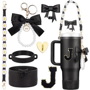 7Pcs Black Stanley Cup Accessories for 40Oz 30Oz 20Oz, Women Teen Girls Gifts, Stanley Tumbler Cup Decoration with Straw Topper, Bow Charm, Silicone Boot, Handle Strap, Letter Sticker J