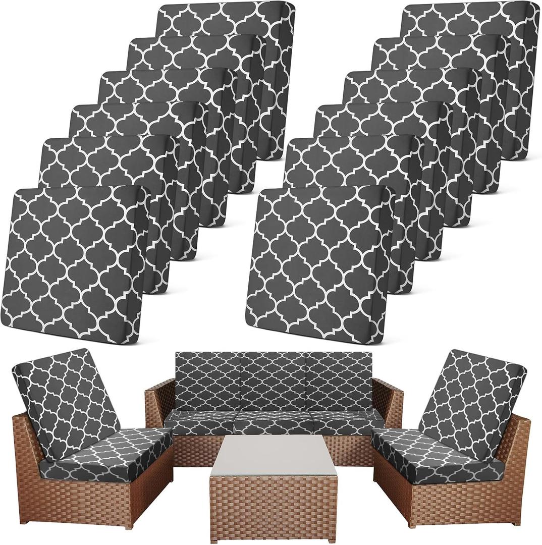 Newwiee 12 Pcs Patio Cushion Covers Outdoor Stretch Sofa Couch Cover Replacement Couch Slipcover Sofa Seat Chair Porch Patio Furniture Protector, Flexibility Washable(Dark Gray,Moroccan)