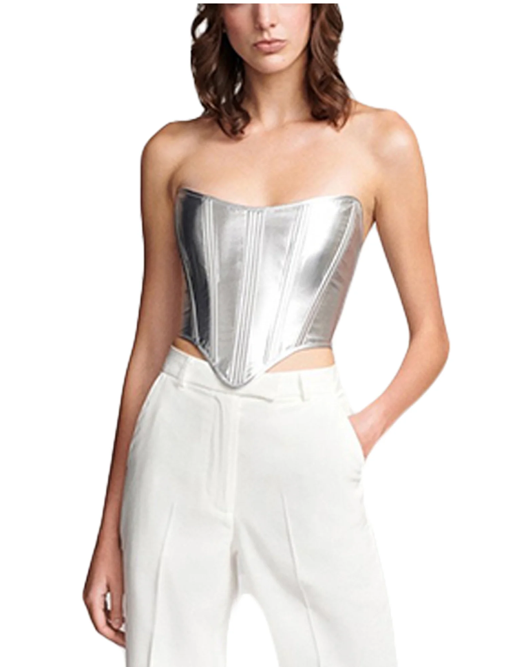 Coduop Women Metallic Faux Leather Bustier Tops,Irregular Hem Strapless Tube Corset Tops, Size M