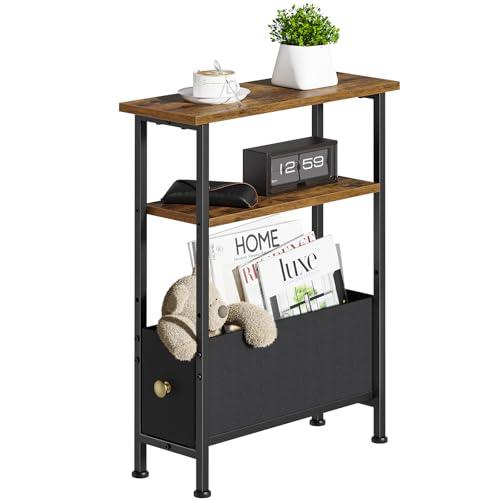 Draelibor Narrow Small Side Table, End Table with 1 Fabric Drawer and Storage Shelf, 3-Tier Skinny Nightstand, Slim Bedside Table for Living Room, Bedroom, Rustic Brown