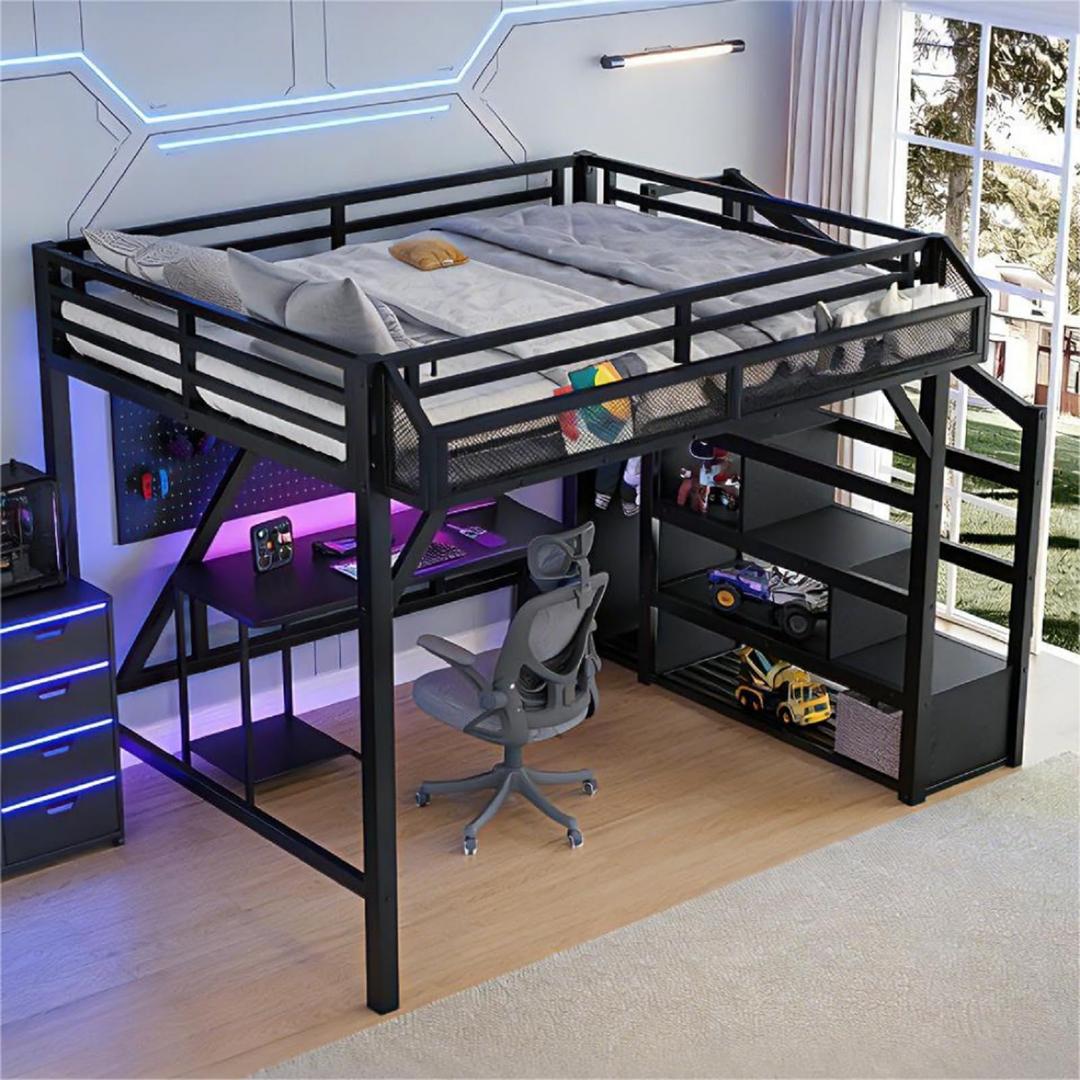 Bellemave Queen Loft Bed Frame with Storage Stairs, Beside Shelf & Wardrobe, Metal Queen Size Loft Bed with LED Light & USB Ports, Large Under-Bed Space Loft Beds for Adults, Teens, Kids, Black