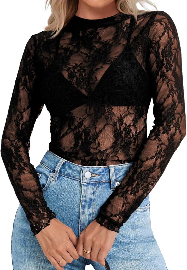 Elesomo Womens Lace Tops Mesh Sheer Long Sleeve Shirts Slim Fitted Tee | See Through, Sheer Under Shirt, Mock Neck, Turtleneck, Floral Blouse, Slim Fit, Layering Undershirt, Going Out, Party Club (Black, XL)