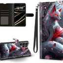 FQSXFIFN Wallet Case for Samsung Galaxy S25 Ultra with Hand Strap, PU Leather Magnetic Closure Folio for Galaxy S25 Ultra Case with Kickstand & Card Holder, Glowing Fox Design Protective Phone Cover