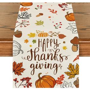Artoid Mode Happy Thanks Giving Pumpkin Maple Leaves Thanksgiving Table Runner, Autumn Fall Kitchen Dining Table Decoration for Home Party Decor 13x72 Inch