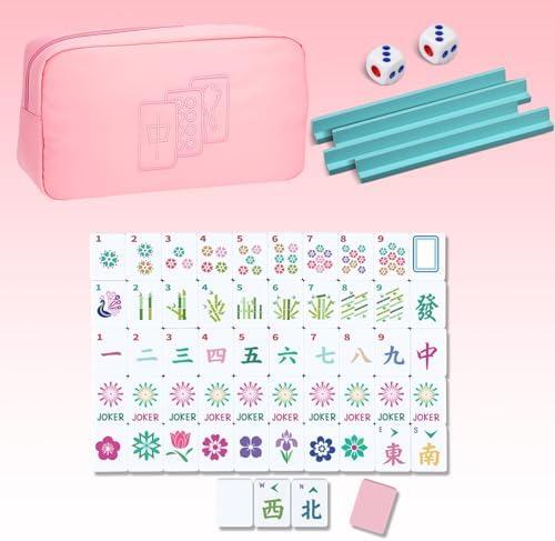 Soulchen Mini American Mahjong Tile Set Include 160 0.8 Inch Mahjong Tiles 2 Dice 4 Wooden Rulers 1 Accessory Bag 4 Beginner Rule Cards(Pastel)
