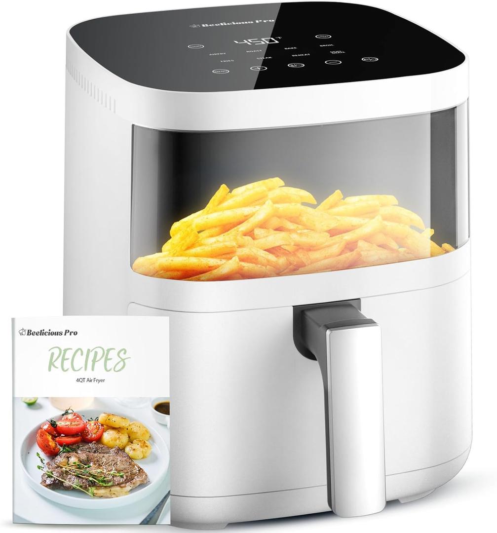 Air Fryer, Beelicious 8-in-1 Smart Compact 4QT Air Fryers, with Viewing Window, Shake Reminder, 450F Digital Airfryer with Flavor-Lock Tech, Dishwasher-Safe & Nonstick, Fit for 1-3 People, White