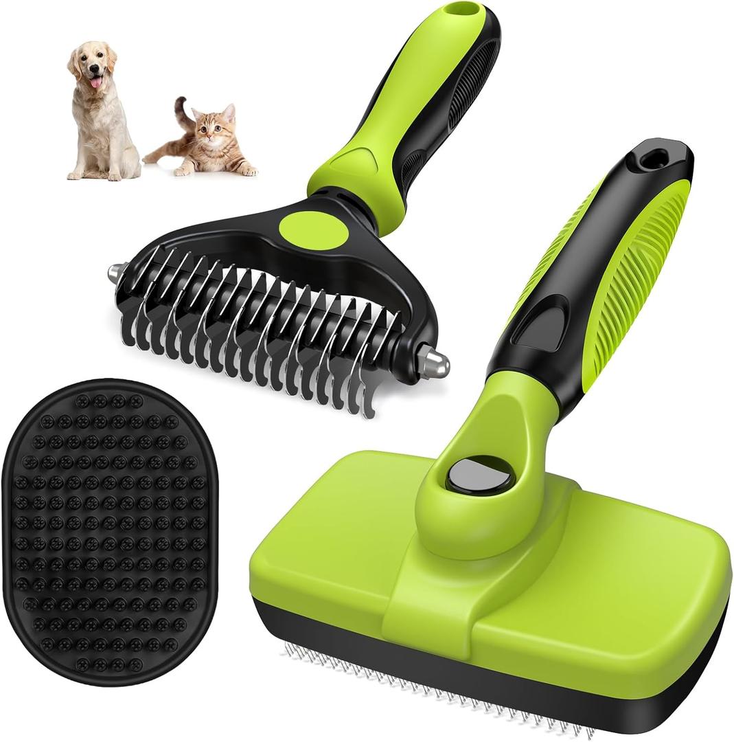 3PCS Self Cleaning Slicker Brush & Pet Grooming Rake & Bath Brush for Dogs, Cats and Horses | Double-Sided Dematting Comb & Skin Friendly Deshedding Grooming Tool | Premium Pet Supplies(Green Black)