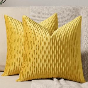 DEZENE Mustard Yellow Couch Pillow Covers: 2 Pack 24x24 Inch Original Striped Velvet Square Throw Pillow Cases for Farmhouse Home Decor