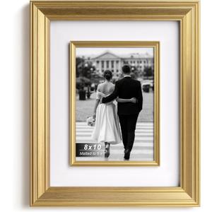 Yaetm 8x10 Gold Picture Frame with Decorative Inner Frame & Tempered Glass, Display 5x7 Photos with Mat - Portrait or Landscape - Tabletop & Wall Mount for Office & Home Dcor (Gold, Single)