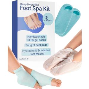 YogaMedic Hydrating Foot Spa Kit - 3 Foot Masks, Reusable SEBS Gel Moisturizing Socks & Heel Pads for Dry Cracked Feet - Intensive Home Pedicure Set & Foot Care Self Care Gifts for Women and Men
