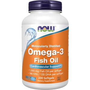 NOW Foods Supplements, Omega-3 180 EPA / 120 DHA, Molecularly Distilled, Cardiovascular Support*, 200 Softgels, BB 10/2028