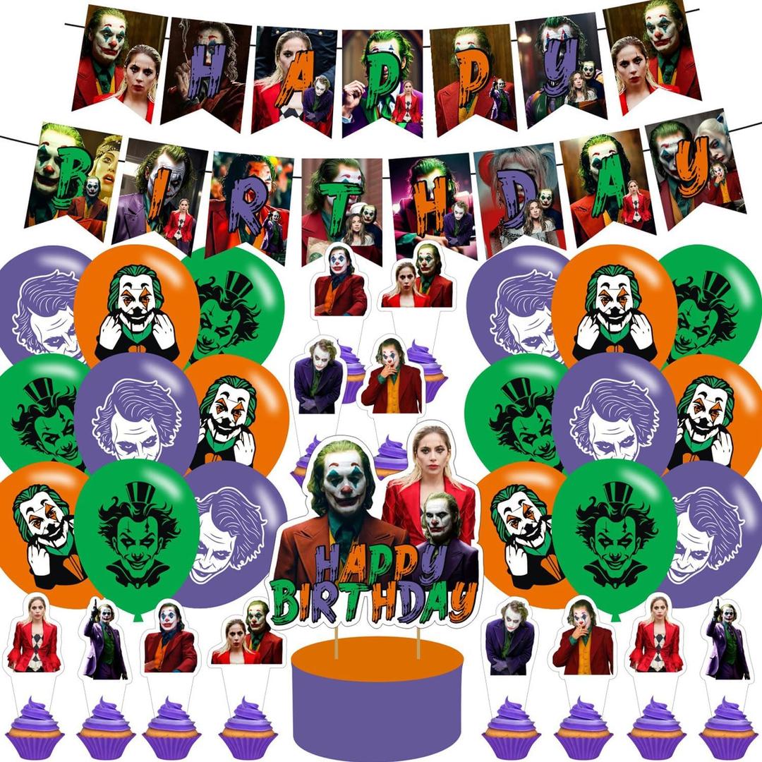 Joker Birthday Party Supplies, Joker Clown 2 Including Cake Topper, Cupcake Toppers, Banner, Latex Balloons. It Is Very Suitable For Boy Girl Birthday Party Supplies.